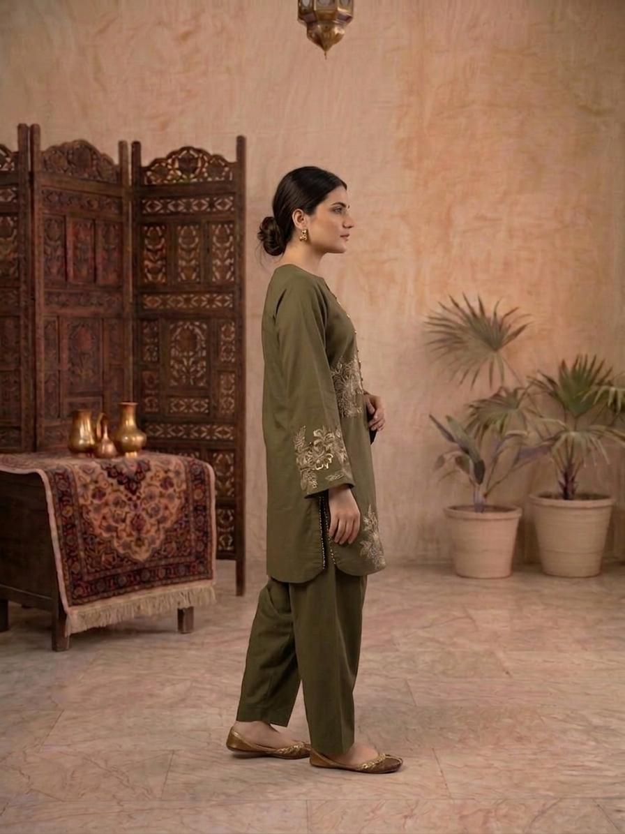 Olive Green Intricate White Embroidered 2 Piece
