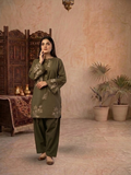 Olive Green Intricate White Embroidered 2 Piece