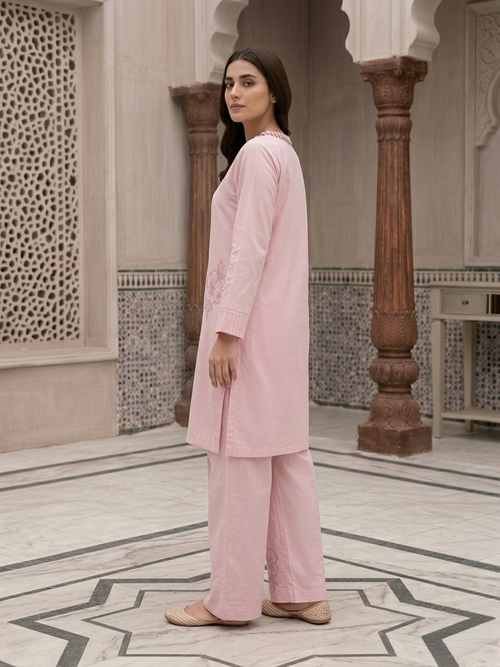 Blush Pink Tonal Floral Embroidered 2 Piece