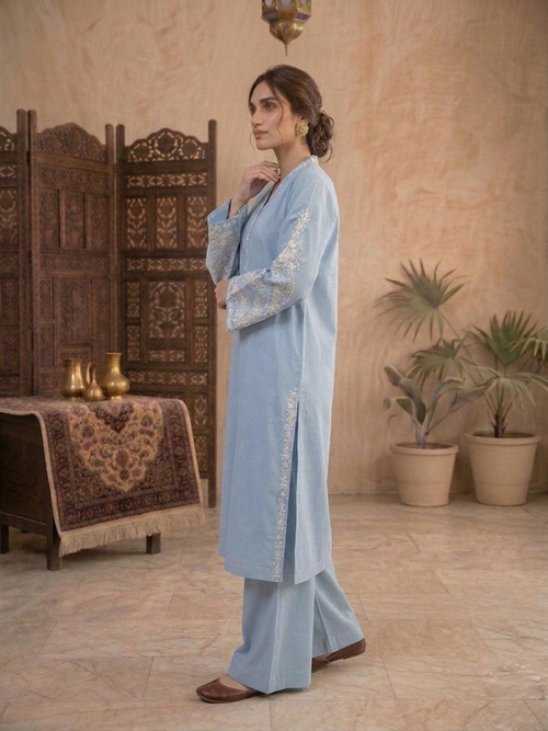 Blue Mist Embroidered Two Piece Suit
