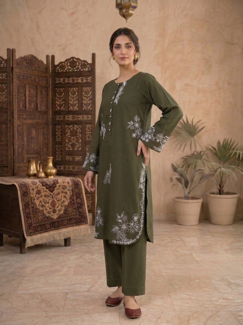 Olive Green Intricate White Embroidered 2 Piece