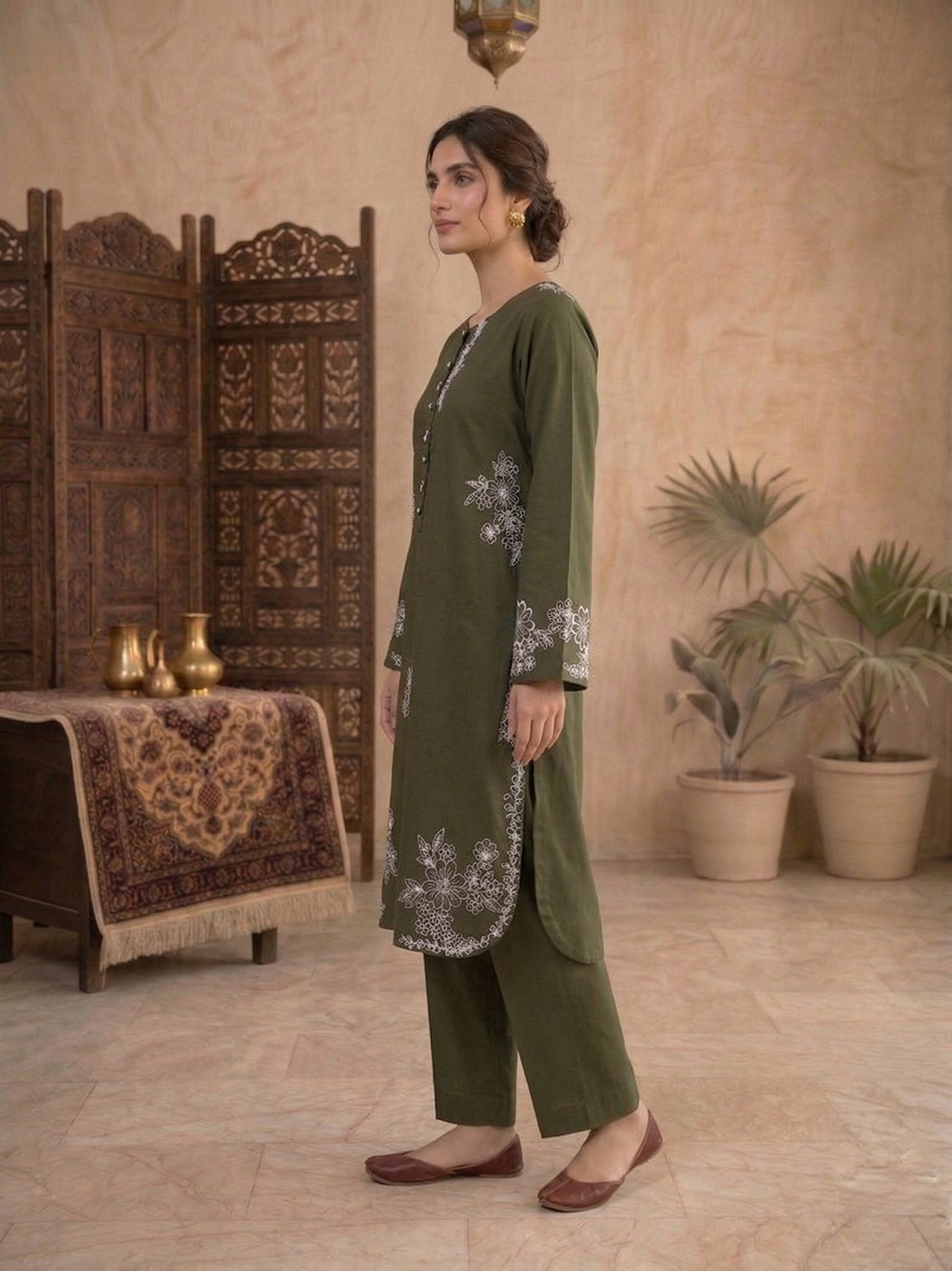 Olive Green Intricate White Embroidered 2 Piece
