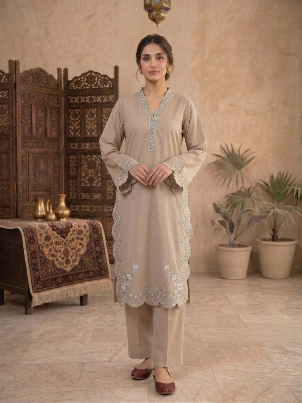Beige Organza Applique Embroidered 2 Piece
