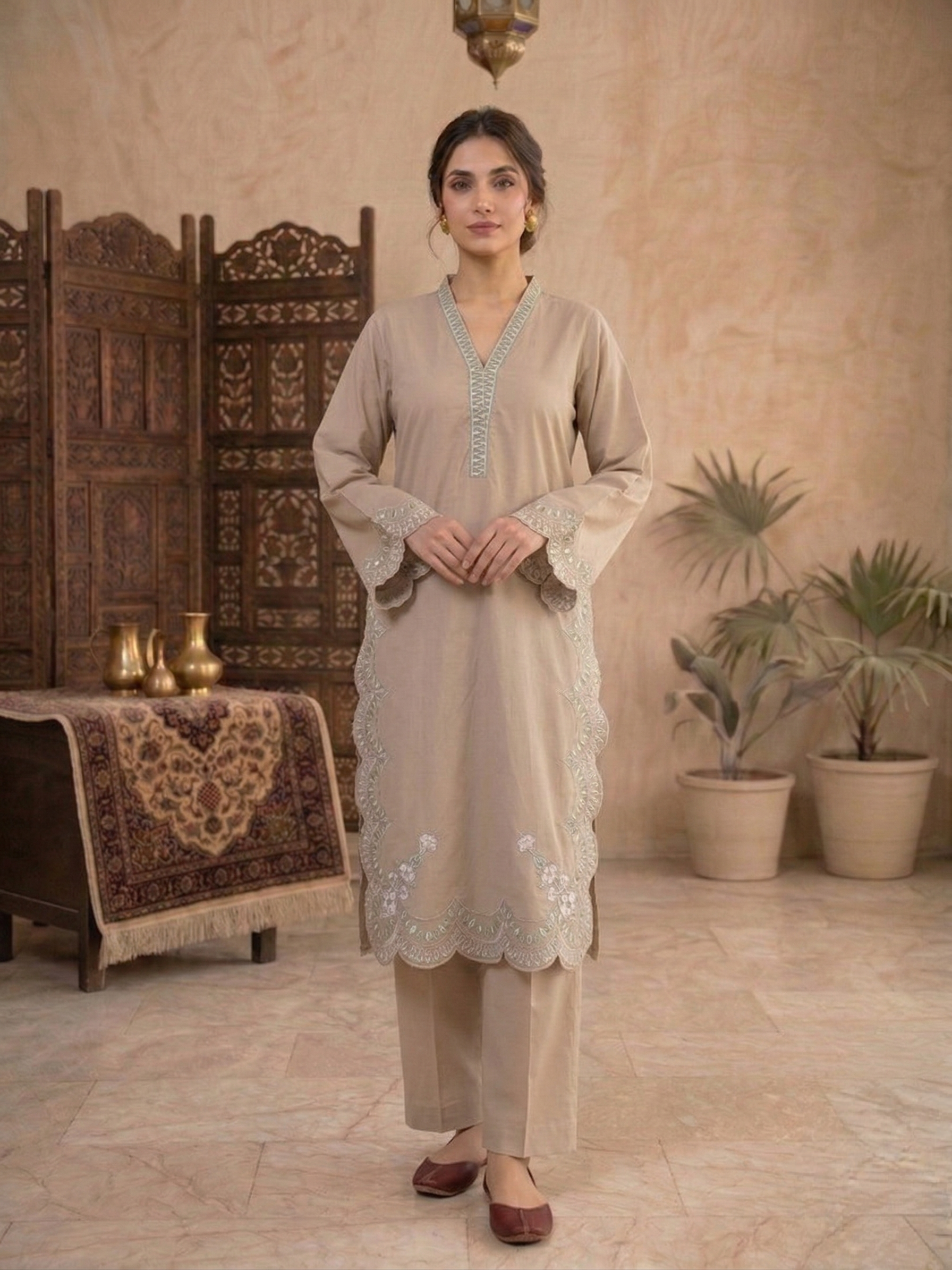 Beige Organza Applique Embroidered 2 Piece