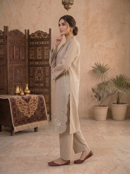 Beige Organza Applique Embroidered 2 Piece