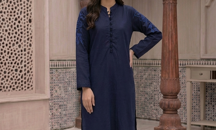 Navy Blue Tonal Shoulder Embroidered 2 Piece